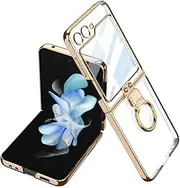 Ring Phone Case for Samsung Galaxy Z Flip 5 Flip5 5G Transparent Clear Ultra Thin Hard Protective Cover,Golden,for Galaxy Z Flip5