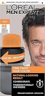 L’Oreal Paris Men Expert One Twist Mess Free Permanent Hair Color, Mens Hair Dye to Cover Grays, Easy Mix Ammonia Free Application, Light Medium Brown 05, 1 Application Kit