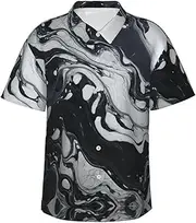 [CADREWY] Black White Marble Print Men Hawaiian Shirts Short Sleeve Button Down Casual Shirt for Beach Tropical Outfits