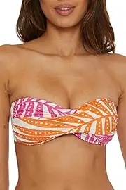 [Trina Turk] Women's Standard Sheer Bandeau Bikini Top, Adjustable, Tie Back, Tropical Palm Leaf Print, Swimwear Separates