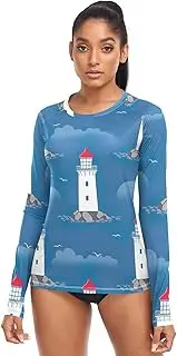 [RPLIFE] Whimsical Sweet Lighthouse Blue Ladies Long Sleeve SPF Shirts Fishing Shirt UPF, Uv Cooling Shirts Women, Whimsical Sweet Lighthouse Blue, Large