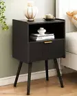 Black Nightstand,Modern Bedside Table with Storage Drawer and Open Wood Shelf, f
