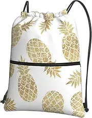 EdWal Golden Pineapple Background Print Drawstring Backpack Gym Bags Sports Bags With Zipper Pocket For Travel Beach, Black, One Size