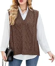 [Blostirno] Women's V Neck Sweater Vest Oversized Ribbed Sleeveless Cable Knit Pullover Loose Fit Split Hem Tops