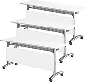 YVYKFZD Folding Conference Table, Mobile Meeting Tables, Rolling Training Table with Lockable Wheels and Baffle, Portable Conference Room Table, for Office, Classroom(White 3Pcs,62.9"x23.6"x29.5")