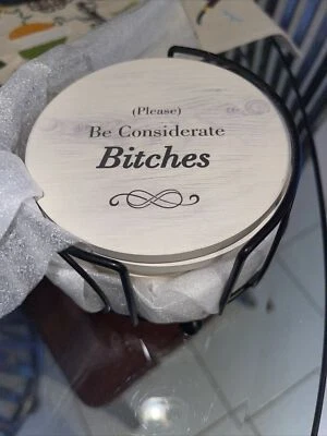 Set of 6 ceramic/cork coasters, metal holder, new, 3 Sayings On 2 Coasters Each