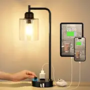 Industrial Bedside Table Lamp for Bedroom - Nightstand Lamps with USB C Charging