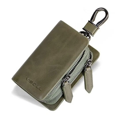 Car Key Case Holder Double Zipper Car Smart Key Fob Case Leather Light Green