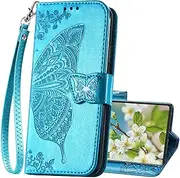Designed for Samsung Galaxy S20 FE Case Wallet,Butterfly Embossed Women Flip PU Leather Kickstand Credit Card Holder Slots Magnetic Wrist Strap Phone Cover for Samsung S20 FE 5G (Blue)