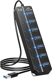 ONFINIO USB Hub 3.0, 7-Port USB Hub Splitter with Individual On/Off Switches and Lights, 3.2ft/1m Long Cable Compatible with MacBook, Laptop, Surface Pro, PS4, PC, Flash Drive, Mobile HDD