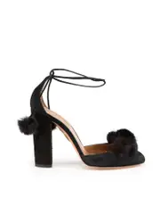 Black Suede Fur Pompom Strappy Heels