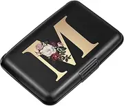 [Simikol] Hard Shell Card Holder Initail Letter Rose Flower Credit Card Case RFID Blocking Mini Wallet for Women and Girls, Letter M, M