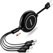 SIQIWO 3A/0.9M Multi One-Way Retractable Charging Cable, 4 in 1 Fast Charging Cord, with 2*IP/Type C/Micro USB Connector for iPhone, Samsung S23 s22 S21 S10, Google Pixel, LG, Sony, Huawei, Xiaomi