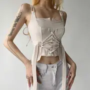 Square-Neck Plain Lace-Up Crop Camisole Top Almond - M