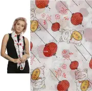 Lucky Cat & Orange Lanterns Maneki-Neko All Over Print Sheer Viscose Scarf NEW