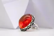Paplaj Large Baltic Amber Adjustable Ring , Sterling Silver Natural Amber Ring