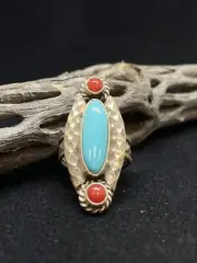 Native American Navajo Ox Blood Coral & Turquoise Sterling Silver Ring Size 6
