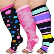 [PAMAID] Open Toe Compression Socks for Women 3 pairs Toeless Sock Wide Calf Knee High Support Sock