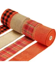 4 Rolls Plaid Burlap Ribbon Thanksgiving Wrapping Ribbon Wired Craft Ribbon New!