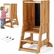 BABY JOY Toddler Standing Tower, 2 IN 1 Wooden Kitchen Step Stop with Whiteboard & Blackboard, 3 Water-based Pens, Adjustable Platform & Step, Removable Safety Rail for Kitchen, Bathroom, Counter, Natural