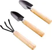 Set of 3 Mini Garden Tool Hand Planting Tools Small Shovel Rake Spade Wood Handl