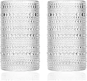 LEMONSODA Vintage Hobnail Drinking Glasses Set of 2, 15 oz Highball Glasses, Embossed Glass Cups, Clear Water Tumbler, Glassware for Beer, Juice, Cocktail, Whiskey, Beer