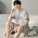 【HANVO】男款字母小熊休閒居家套裝 舒適親膚莫代爾短袖套裝 韓系男裝 男生衣著 B6011