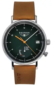 Bauhaus Classic Brown Leather Strap Dark Green Dial Solar 21124 50M Mens Watch