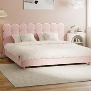 Oikiture Bed Frame King Bed with Tufted BedHead and Boucle Fabric Mattress Platform Pink