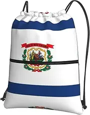 EdWal West Virginia State Flag Print Drawstring Backpack Gym Bags Sports Bags With Zipper Pocket For Travel Beach, Black, One Size