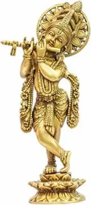 Brass Krishna Playing Flute Idol Statue Figurine 12 inches