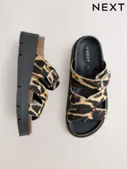 Leopard Print Forever Comfort® Leather Strap Buckle Detail Sandals (AL5776) | $111