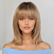 Women's Synthetic Wig Straight With Bangs Short Dark Brown Ombre Brown Ombre Blonde Hair Women's Blonde Brown Wigs for Everyday Use