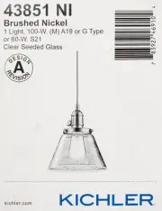 KICHLER Avery 8 in. Brushed Nickel Farmhouse Kitchen Cone Pendant, Seeded Glass