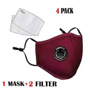4 PACK MAROON Face Mask Breathing Valve PM2.5 Face + 2 Mask filters WASHABLE
