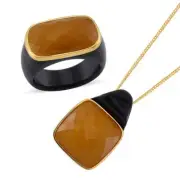 Carved & Faceted Yellow and Black Jade (D) Ring Sz 7 and Pendant Necklace 18