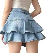 [Generic] Women's Blue Denim Skirt Printed Pleated High Waist Mini Skirts Retro Sexy Summer Skirt