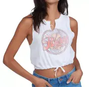 ROXY WOMEN'S IVORY GRAPHIC SLEEVELESS WISHFUL THINKING CROPPED TANK TEE Sz XS