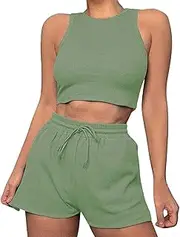 [Generic] Women Board Shorts Workout Outfits for Women 2 Piece Casual Matching Sets Crop Tank High Waist Yoga Shorts Exercise Set Long Leg Swimsuits for Women
