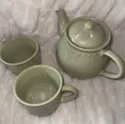 Pottery Barn Emma Beaded Stoneware Teapot & 2 Matching Beaded cups Light Green