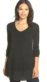 Eileen Fisher Black Rayon Nylon Shimmer Color Block Sweater Tunic Top XS