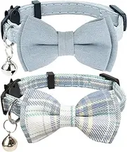 Cat Collar Breakaway Bowtie Safety with Bell Adjustbale Kitten Puppy Solid Plaid Color Set D-[2pcs] Blue