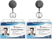 Teskyer Pack of 2 Retractable ID Card Holders - Transparent, Hard Plastic, with Metal Construction, Nylon Cord, for 2 Card Slots, Horizontal