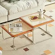 EKDJSN Nesting Coffee Table Set of 2, Glass + Rattan Tabletop Design, Square Table, Morden End Side Table Night Stand for Bedroom Dining Room (Black&Orange)(Orange)