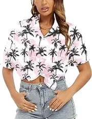 [Generic] Women's Short Sleeve T Shirt, Comfy Button Down T-Shirt,Soft Beach Summer Tops Blouses, Palm Shadows in Pink-143