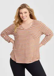 [Taking Shape] Taking Shape Natural Stripe 3 / 4 Sleeve T-shirt Size 18 in Cinnamon / White, Viscose - Plus Size Women's Basics Cinnamon / White