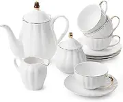 BTaT- Classic tea set, 13 pcs, Tea Cups (7oz), Tea Pot with Stainless Steel Infuser (32oz), Creamer and Sugar Set, Porcelain Tea Set, White Tea Set, Tea Pot Sets with Cups