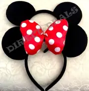 2 pcs Minnie Mickey Mouse Black Plush Ears *PUFFY* Red Polka Dots Bow Birthday