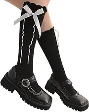 Esdlajks Lolita Socks Lolita Cute Bow Socks Girls Cotton Socks Jk Uniform Calf Socks (Color : Black, Size : One Size)