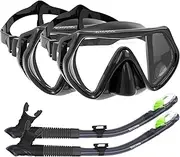 WACOOL Snorkeling Package Set for Adults, Anti-Fog Coated Glass Diving Mask, Snorkel with Silicon Mouth Piece,Purge Valve and Anti-Splash Guard. (Blue-Black)